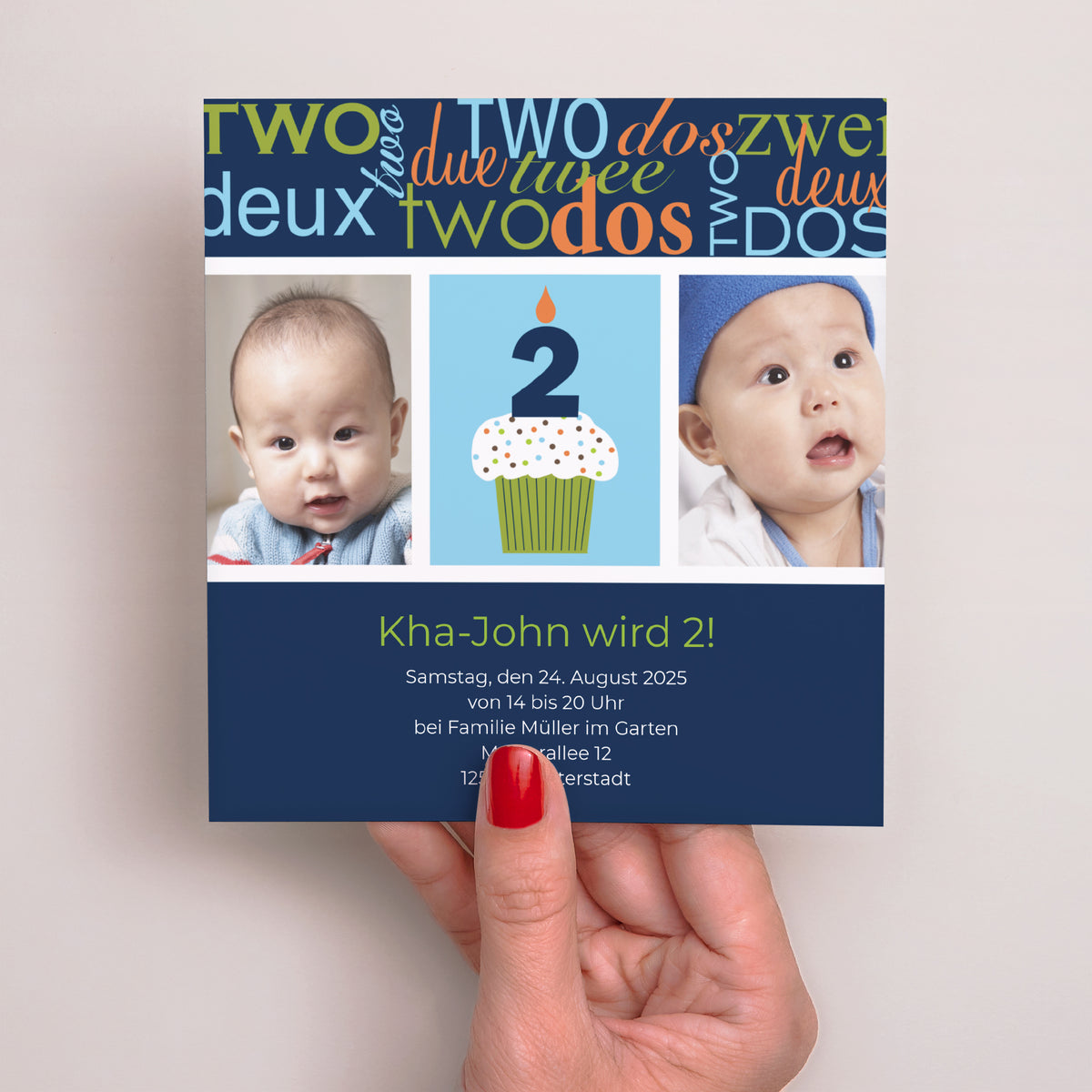 Einladungskarte Kindergeburtstag Quadrat Zwei Jahre - Junge foto N° 2
