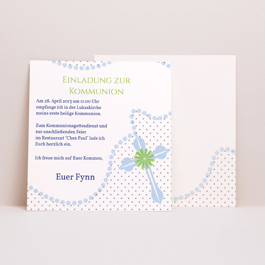 Einladungskarte Kommunion Quadrat Blauer Rosenkranz foto