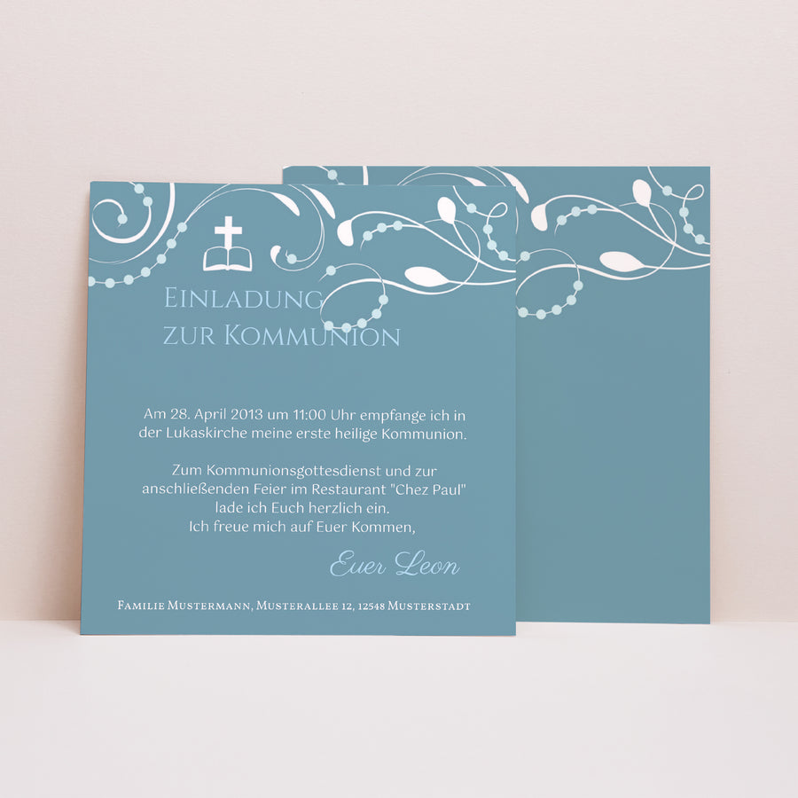 Einladungskarte Kommunion Quadrat Sanctus Blau foto