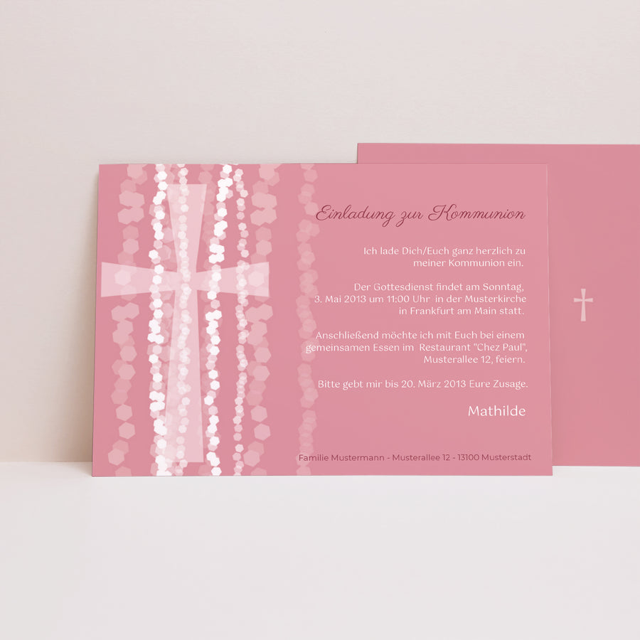 Einladungskarte Kommunion Landschaft Zeitgenössisches Kreuz Rosa foto