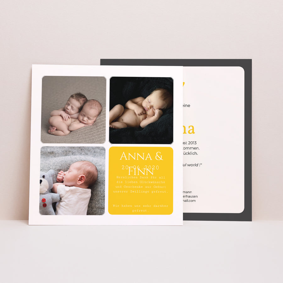 Geburtskarte Quadrat Multiphotos - Gelber Block foto