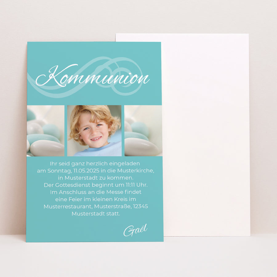 Einladungskarte Kommunion PortraitPorträt Kalligraphierte Kommunion foto