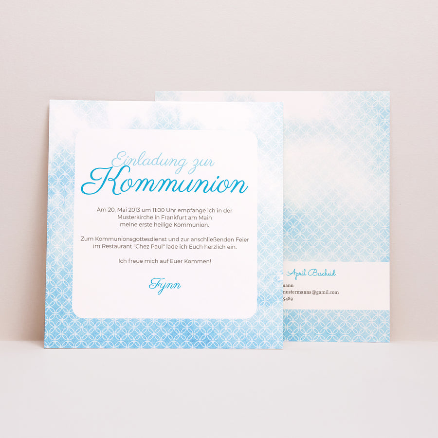 Einladungskarte Kommunion Quadrat Effekt von gesegnetem Wasser foto