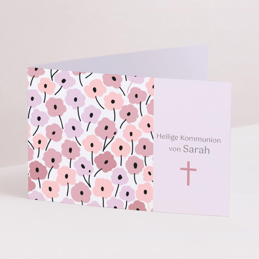 Beilegekarte Kommunion Doppelflügel-Landschaft Rosa Blumen foto