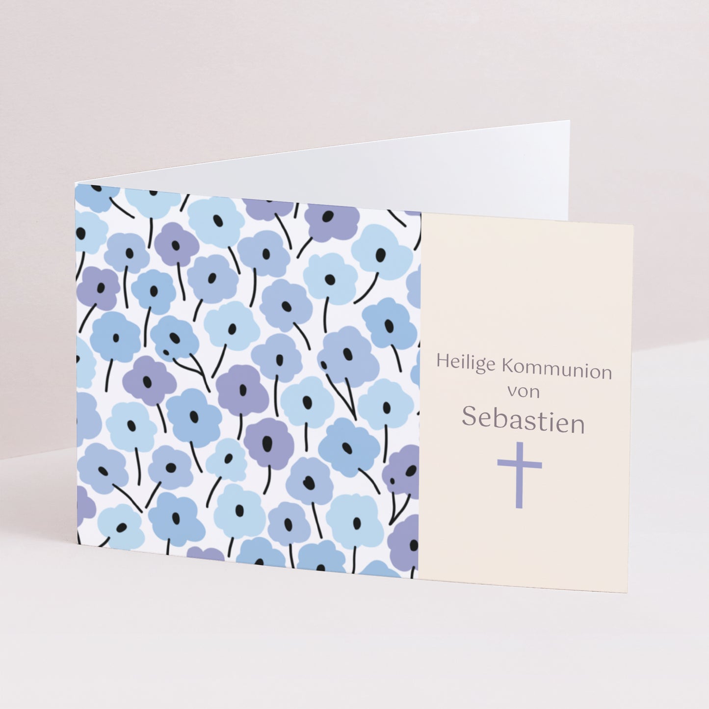 Beilegekarte Kommunion Doppelflügel-Landschaft Blaue Blumen foto N° 1