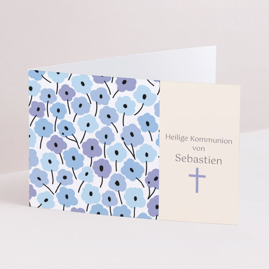 Beilegekarte Kommunion Doppelflügel-Landschaft Blaue Blumen foto