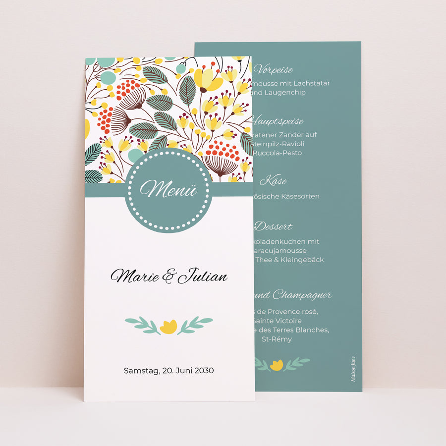 Menükarte Hochzeit Panoramatisches Porträt Feldblumen foto