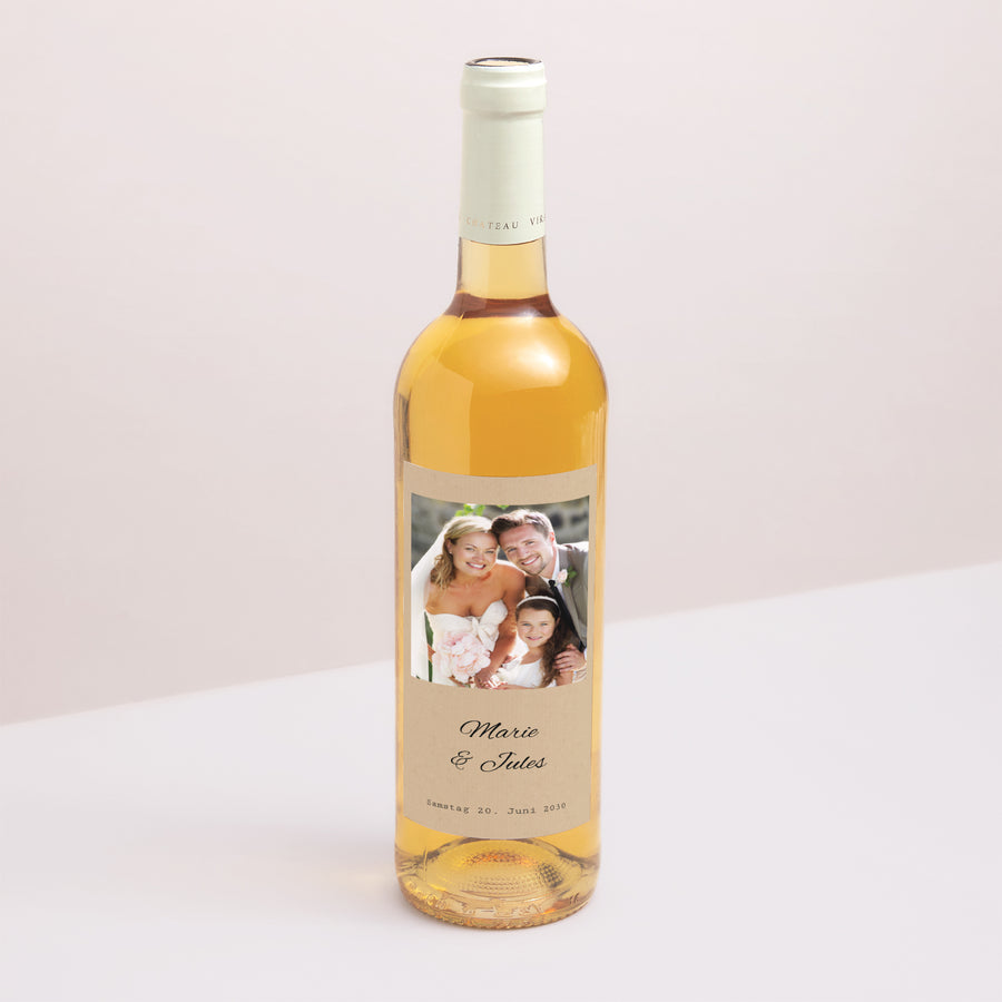 Flaschenetikett Hochzeit Porträt Unsere Geschichte foto