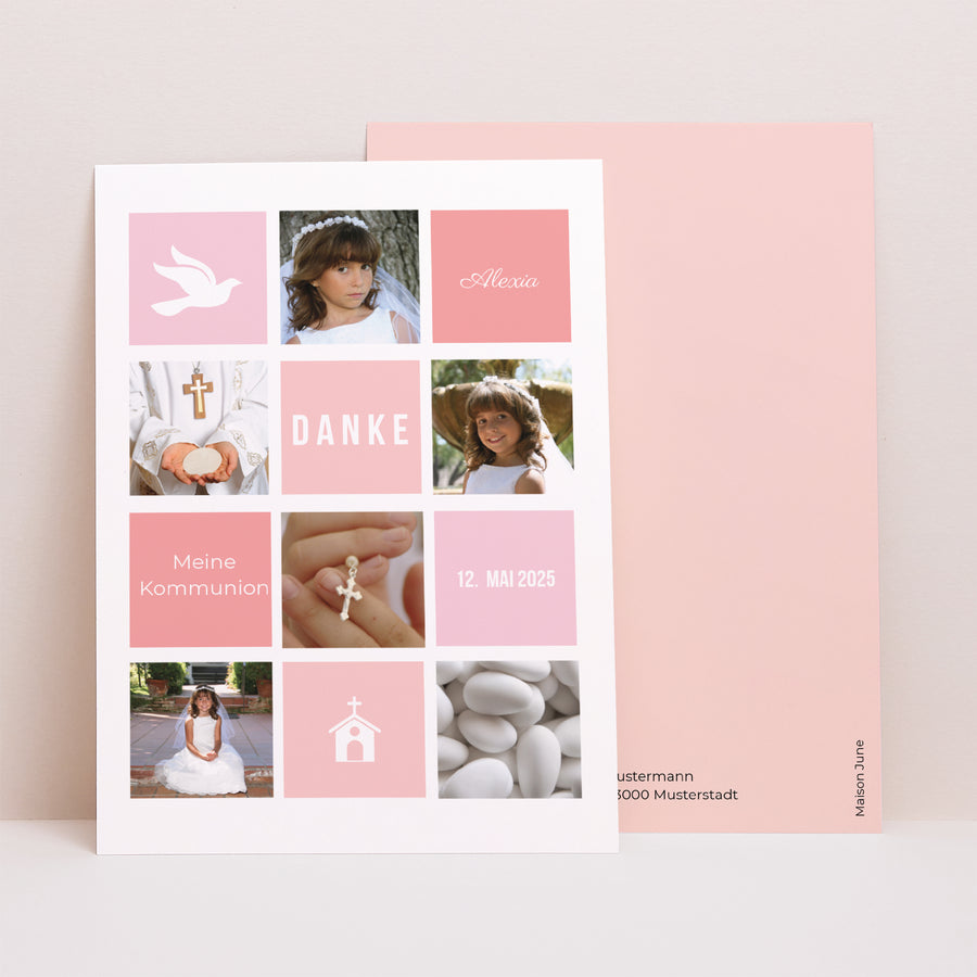 Dankeskarte Kommunion Porträt Rosa Quadrat foto