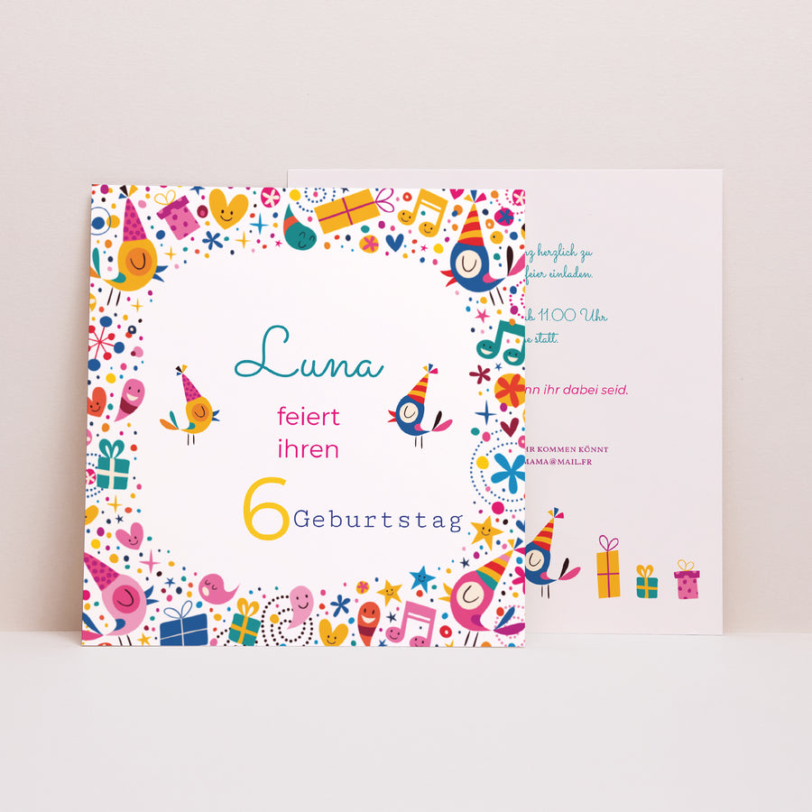Beilegekarte Kindergeburtstag Quadrat 6 Jahre Vive la fête foto