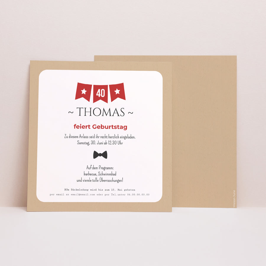 Einladungskarte Geburtstag Quadrat Wimpel 40 foto
