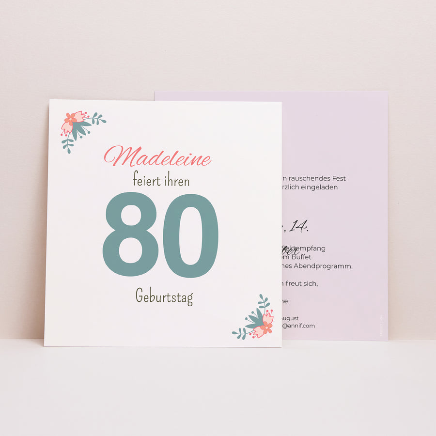 Einladungskarte Geburtstag Quadrat 80 hübsche Blumen foto