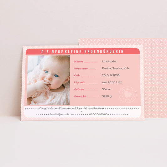 Geburtskarte Landschaft Rosa Identitätskarte foto