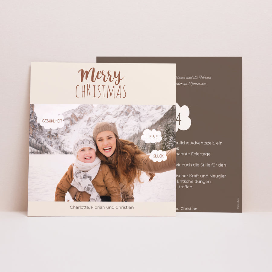 Weihnachtskarte Weihnachten Quadrat Erste Weihnachten foto