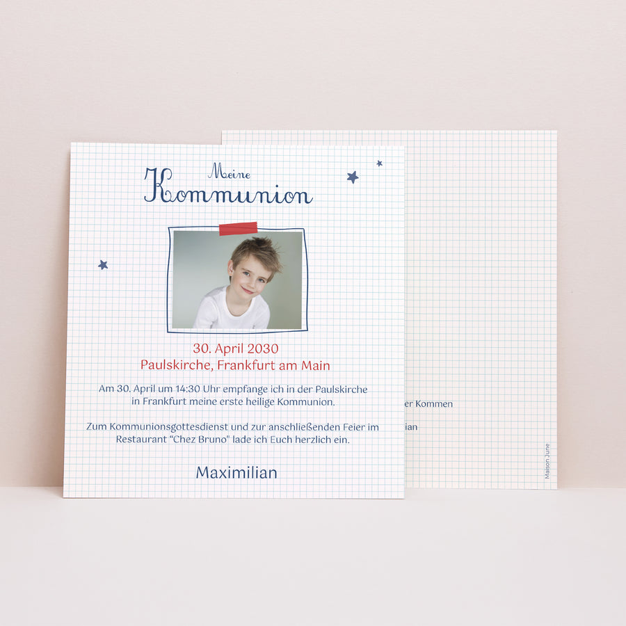 Einladungskarte Kommunion Quadrat Eucharistie Schulkind foto
