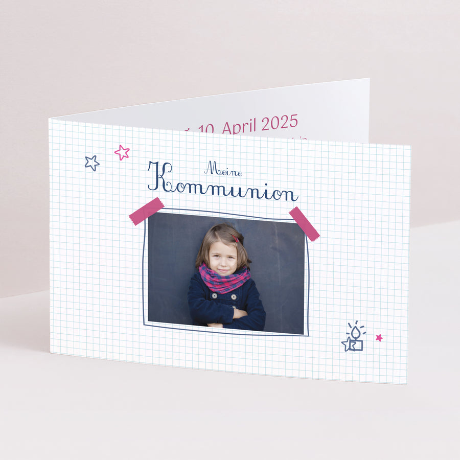 Einladungskarte Kommunion Doppelflügel-Landschaft Eucharistie Schulmädchen foto