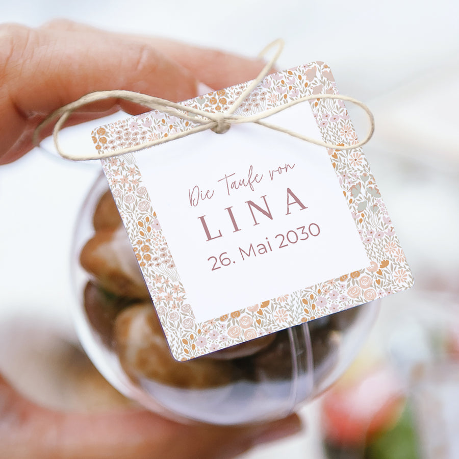 Geschenkbox Taufe Kugel mit quadratischem Etikett Liberty Rose foto