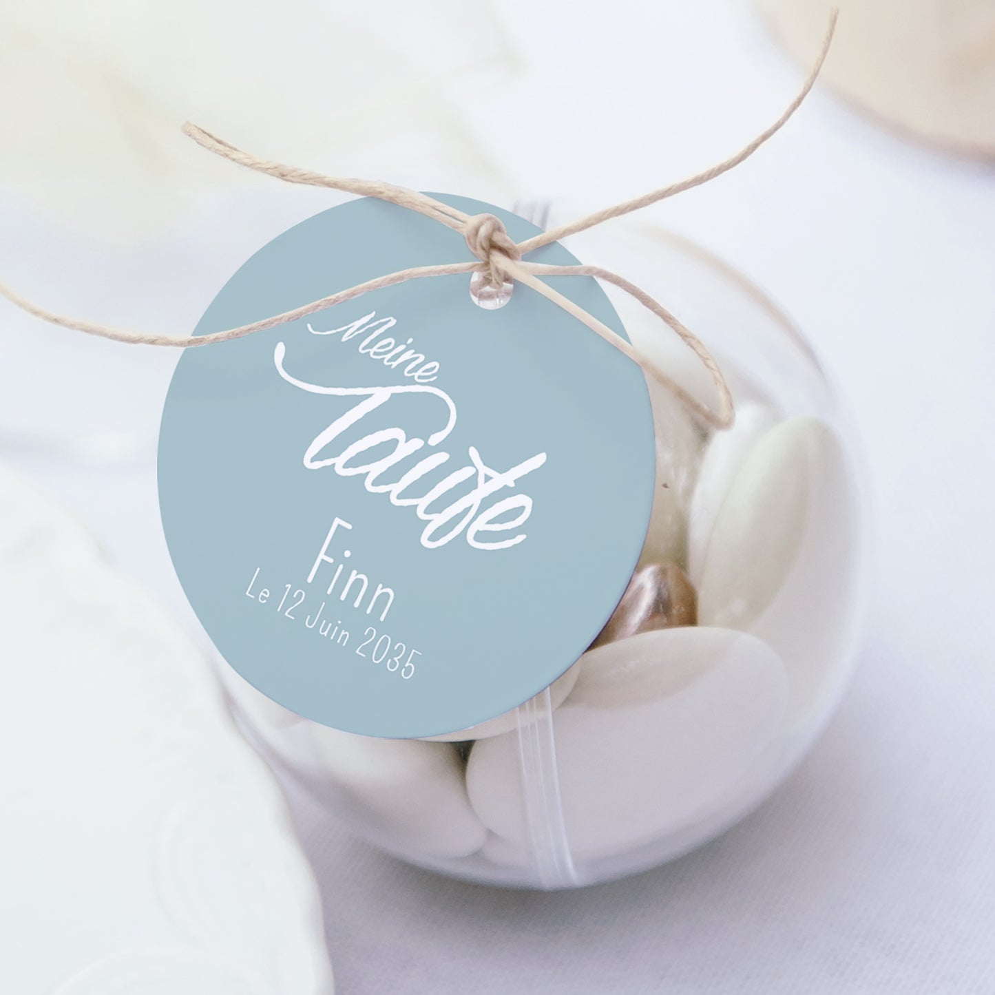 Geschenkbox Taufe Kugel mit runder Etikette Herz Pastell foto N° 1
