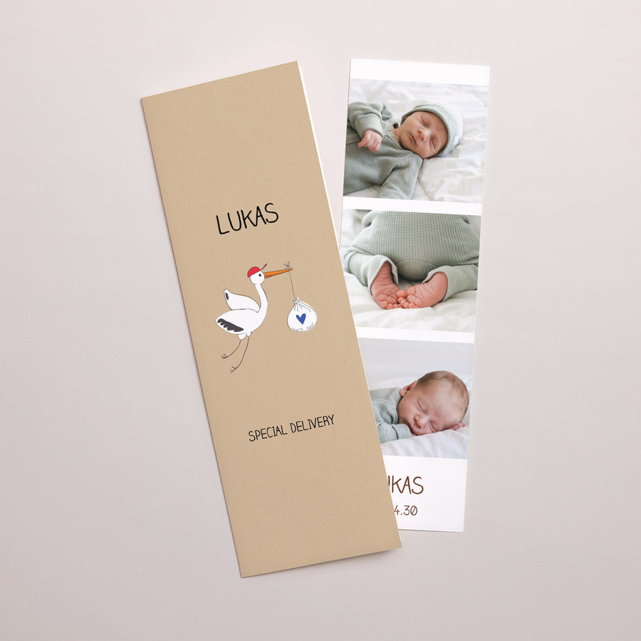 Geburtskarte Fotoautomaten Lesezeichen Storch foto