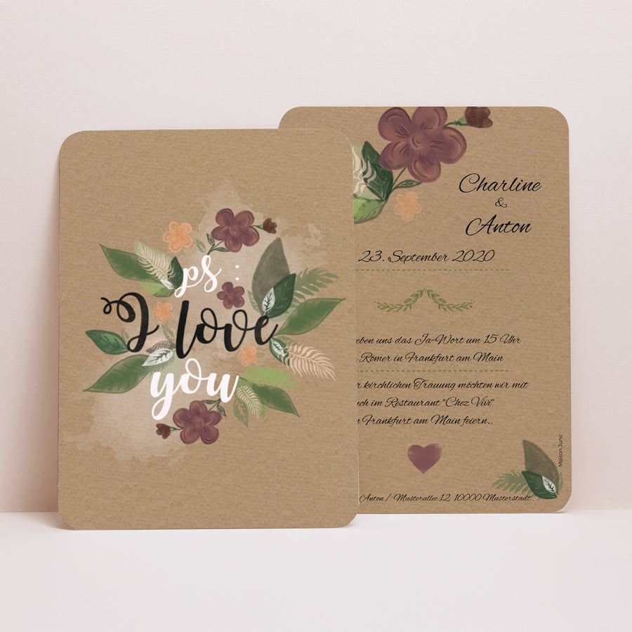 Hochzeitseinladung Porträt, abgerundete Kanten Vintage-Blumen foto