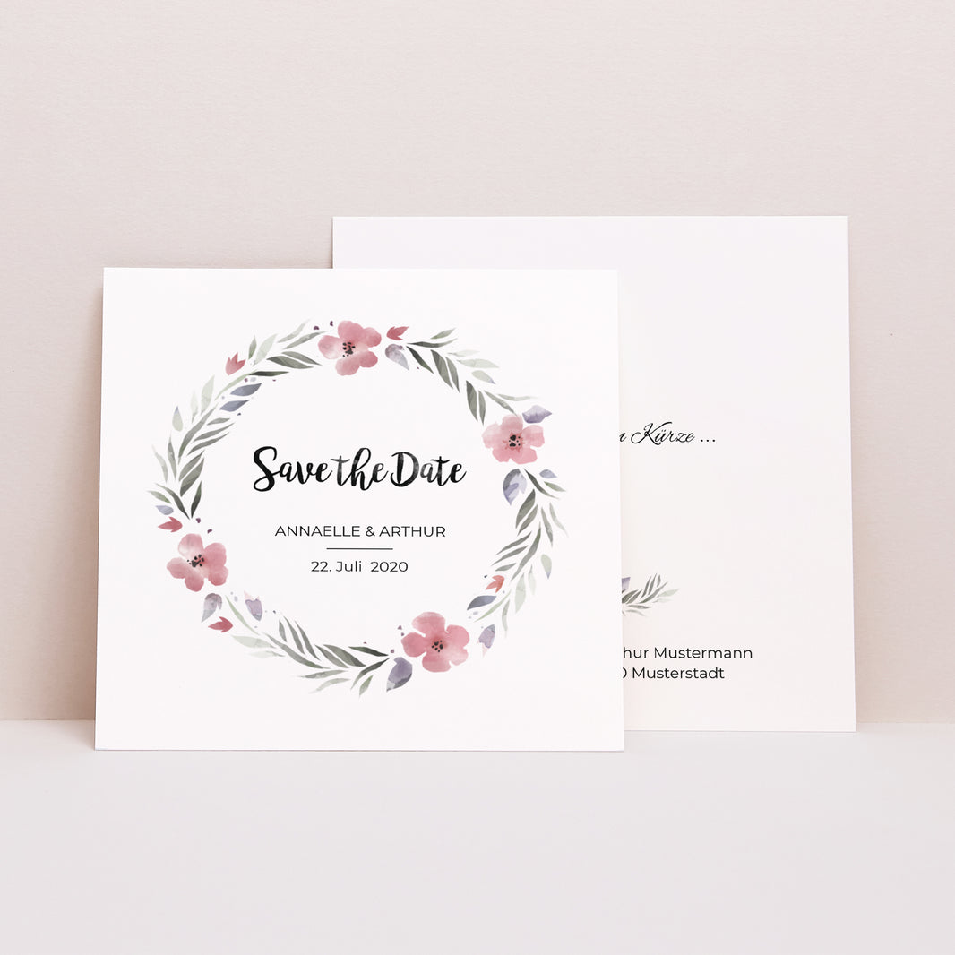 Save the date Karte Hochzeit Quadrat Romantische Blumen foto N° 1