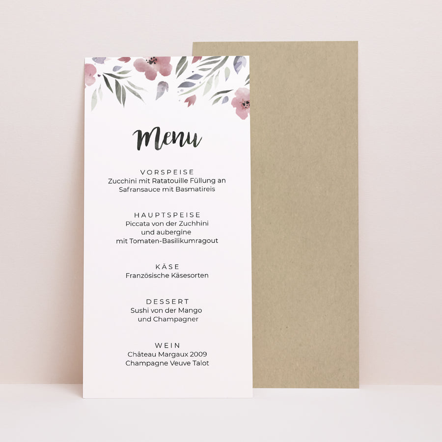 Menükarte Hochzeit Panoramatisches Porträt Romantische Blumen foto