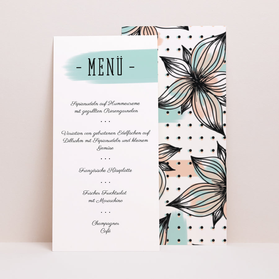 Menükarte Hochzeit Panoramatisches Porträt Blumen Motive Spaß foto