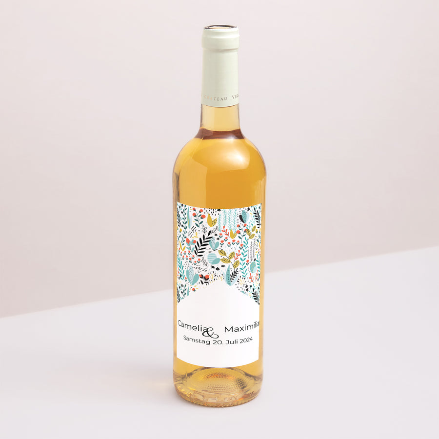 Flaschenetikett Hochzeit Porträt Wilde Wiese foto