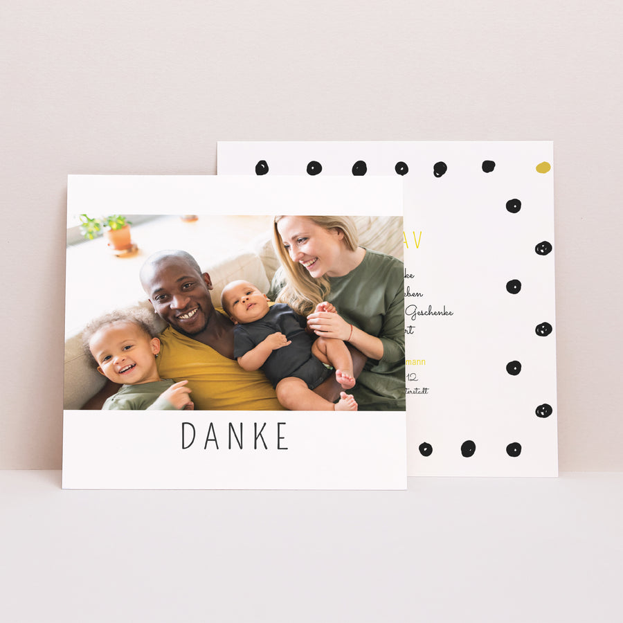 Dankeskarte Geburt Quadrat Schnurrbart & Erbsen foto