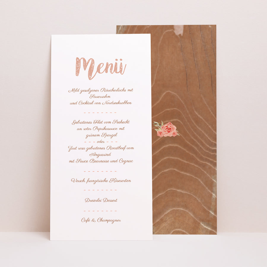 Menükarte Hochzeit Panoramatisches Porträt Rose Chic & Holz foto