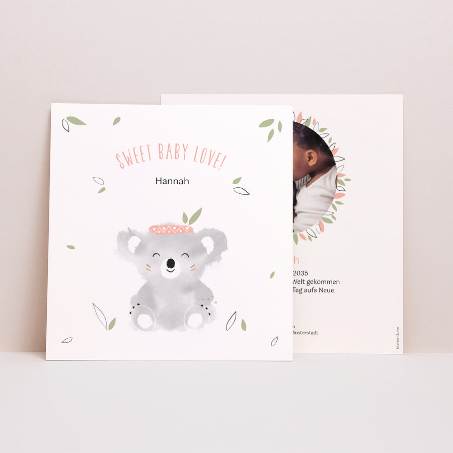 Geburtskarte Quadrat Koala Rose foto