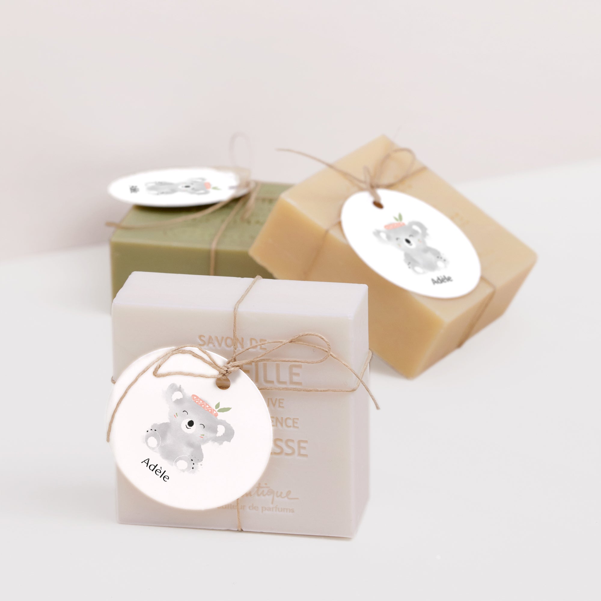 Vorgelochtes Etikett Geburt Runde Koala Rose foto N° 2
