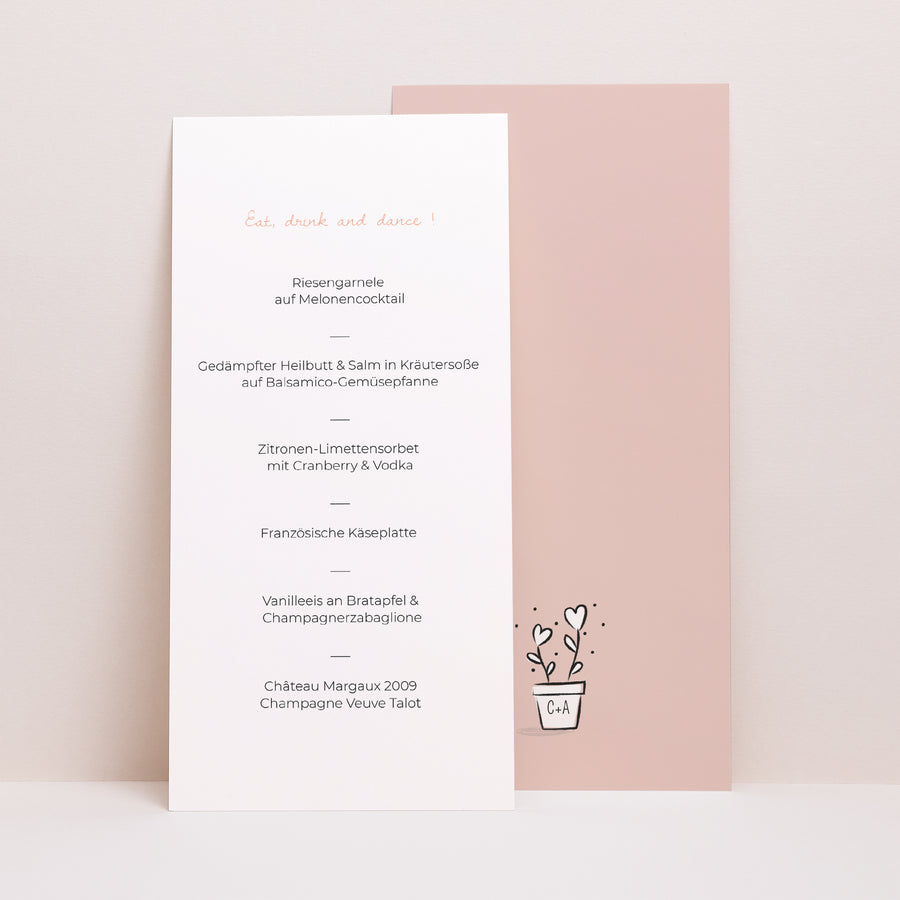 Menükarte Hochzeit Panoramatisches Porträt 2 Herzen foto