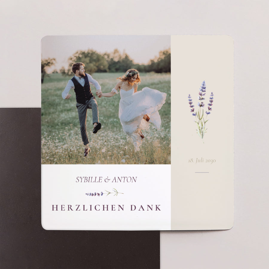 Dankeskarte Hochzeit Satz von 9, magnetisch. Lavendelstrauß foto
