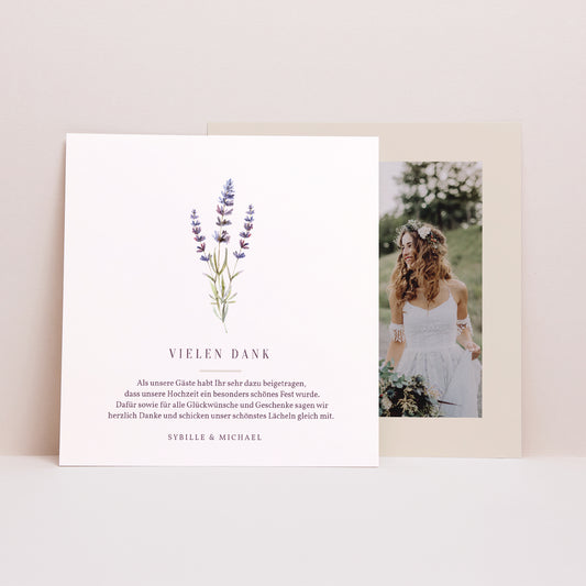 Dankeskarte Hochzeit Quadrat Lavendelstrauß foto