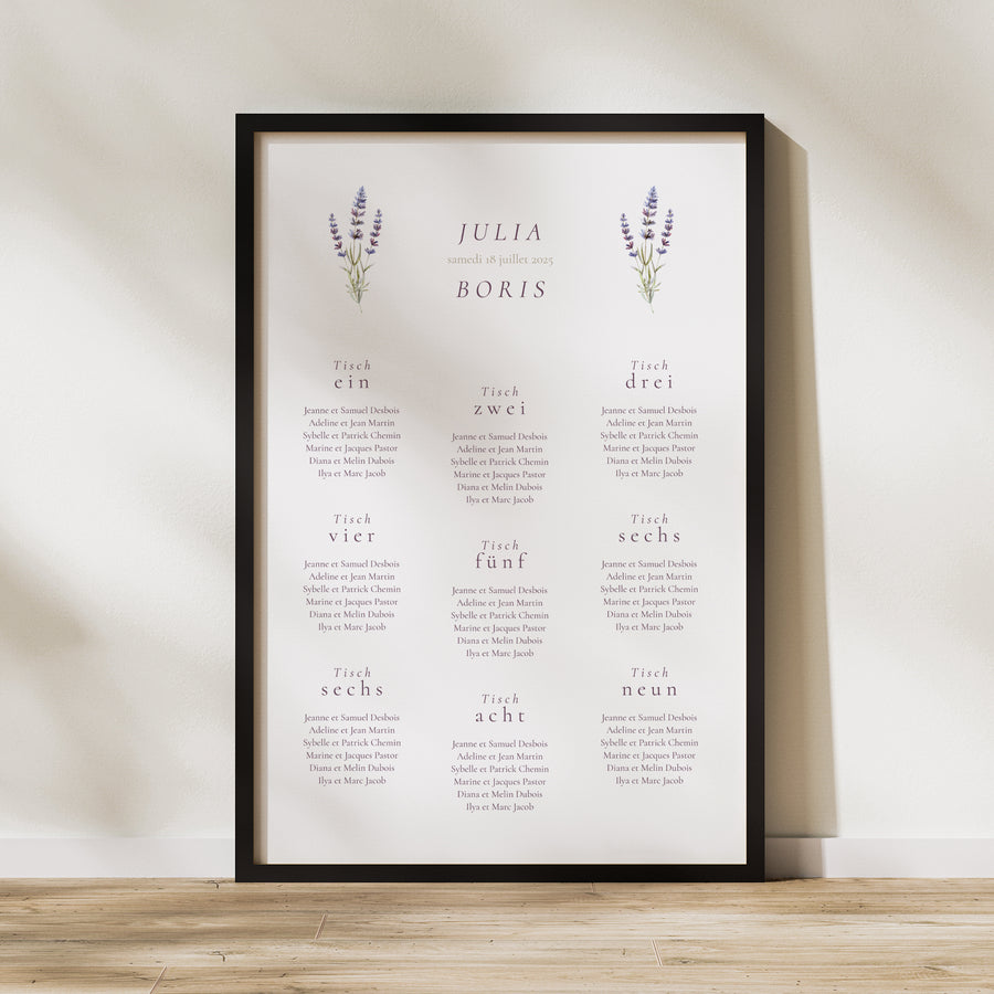 Sitzplan Hochzeit Porträt Lavendelstrauß foto