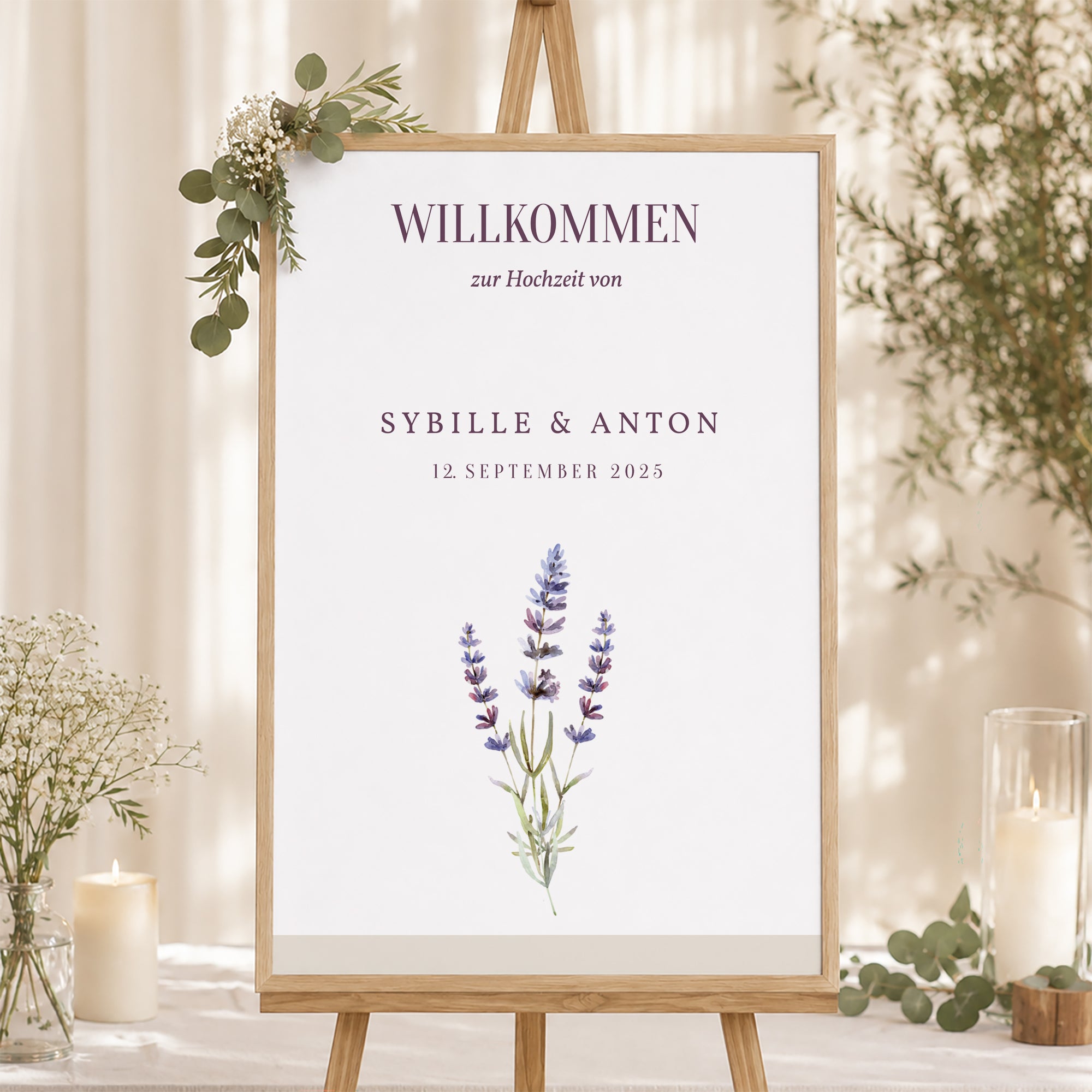 Begrüßungstafel Hochzeit Porträt 60 x 90 cm Lavendelstrauß foto N° 1