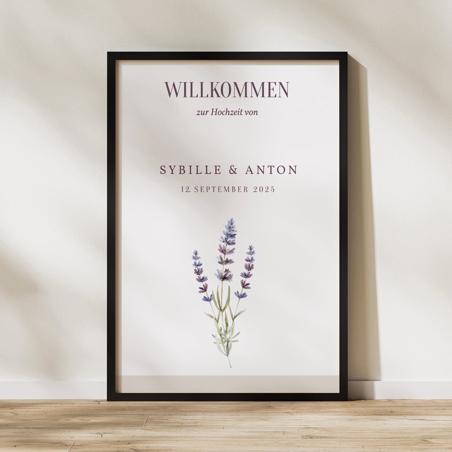 Begrüßungstafel Hochzeit Porträt 60 x 90 cm Lavendelstrauß foto