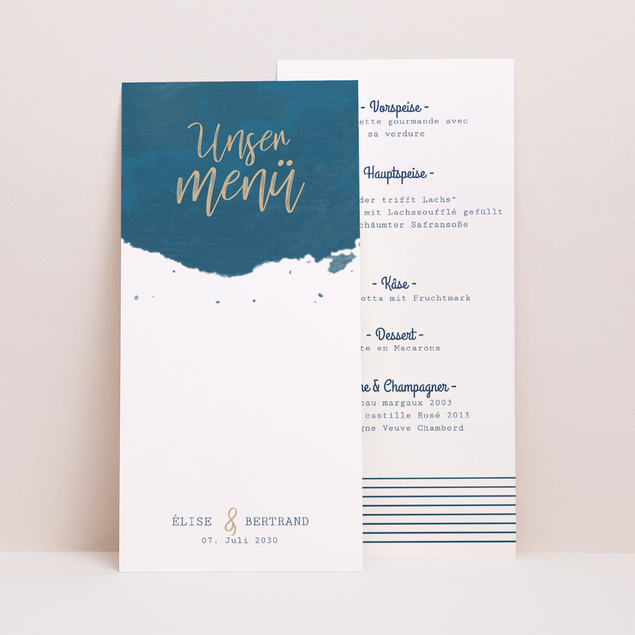 Menükarte Hochzeit Panoramatisches Porträt Das blaue Gold foto