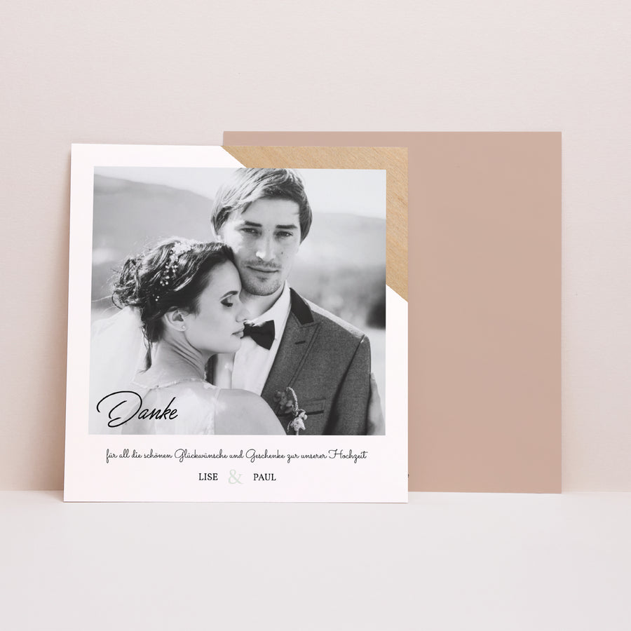 Dankeskarte Hochzeit Quadrat Holz & Pastell foto
