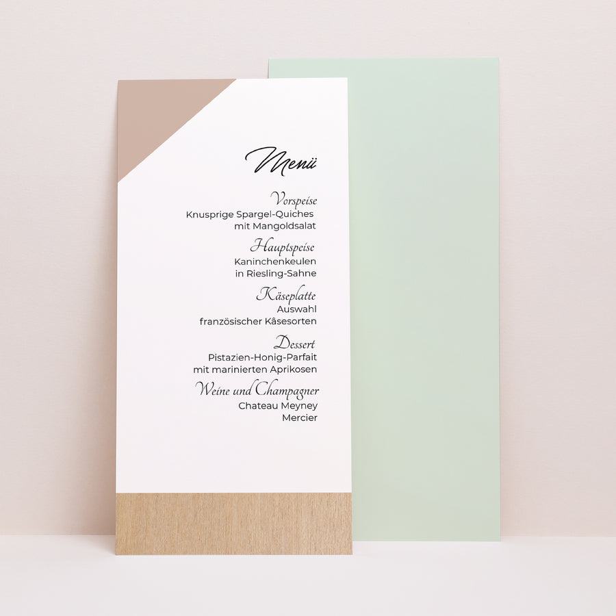 Menükarte Hochzeit Panoramatisches Porträt Holz & Pastell foto