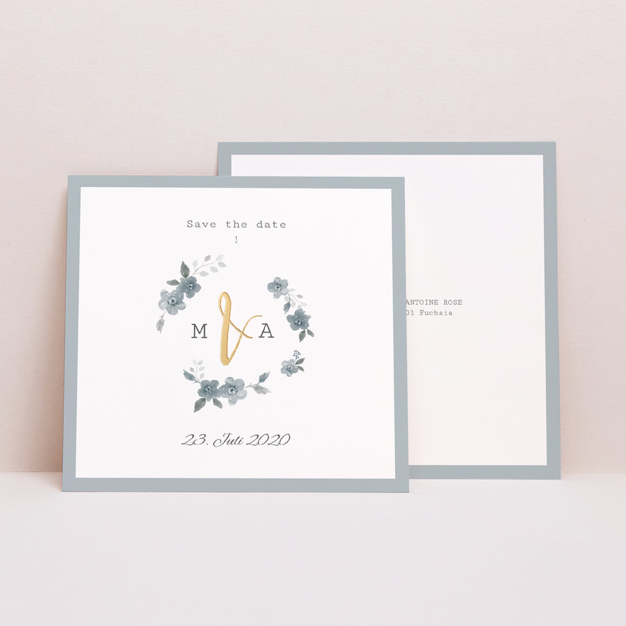 Save the date Karte Hochzeit Quadrat Botanisches Blau foto