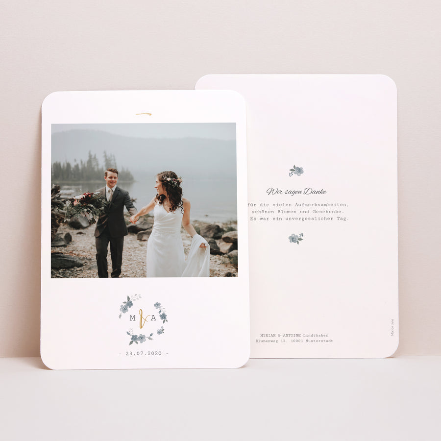 Dankeskarte Hochzeit Porträt, abgerundete Kanten Botanisches Blau foto