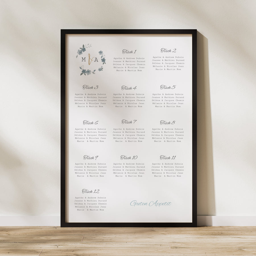 Sitzplan Hochzeit Porträt 60 x 90 cm Botanisches Blau foto