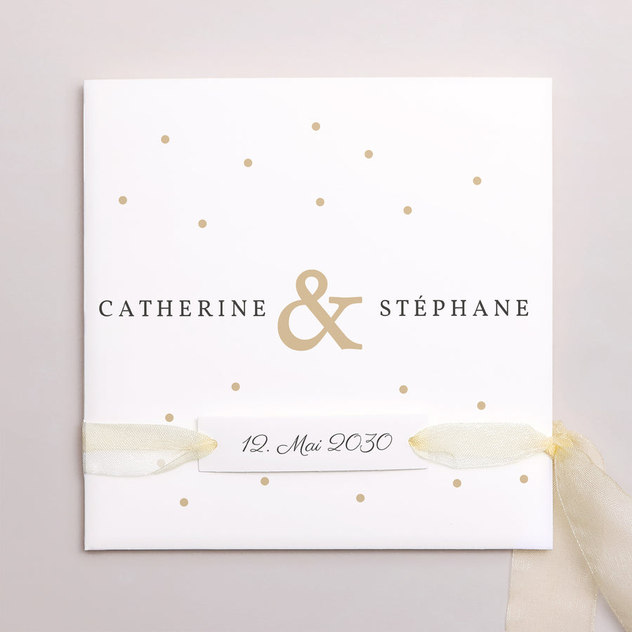 Hochzeitseinladung Quadratische Hülle, 3 Karten, Etikett Goldene Tasten foto