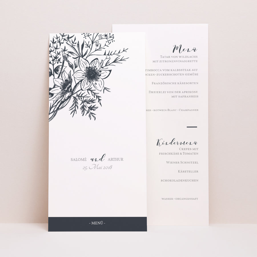 Menükarte Hochzeit Panoramatisches Porträt Florale Skizze foto