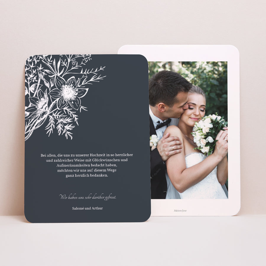 Dankeskarte Hochzeit Porträt, abgerundete Kanten Florale Skizze foto