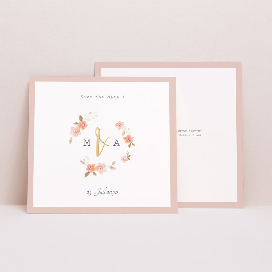 Save the date Karte Hochzeit Quadrat Botanische Rose foto