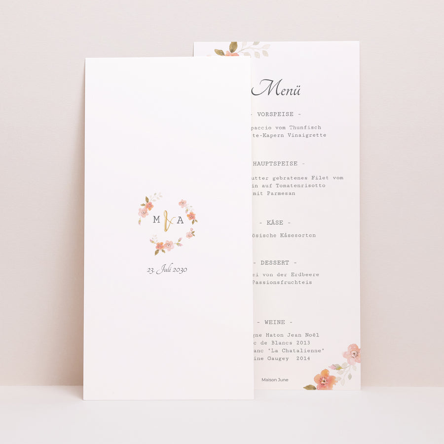 Menükarte Hochzeit Panoramatisches Porträt Botanische Rose foto