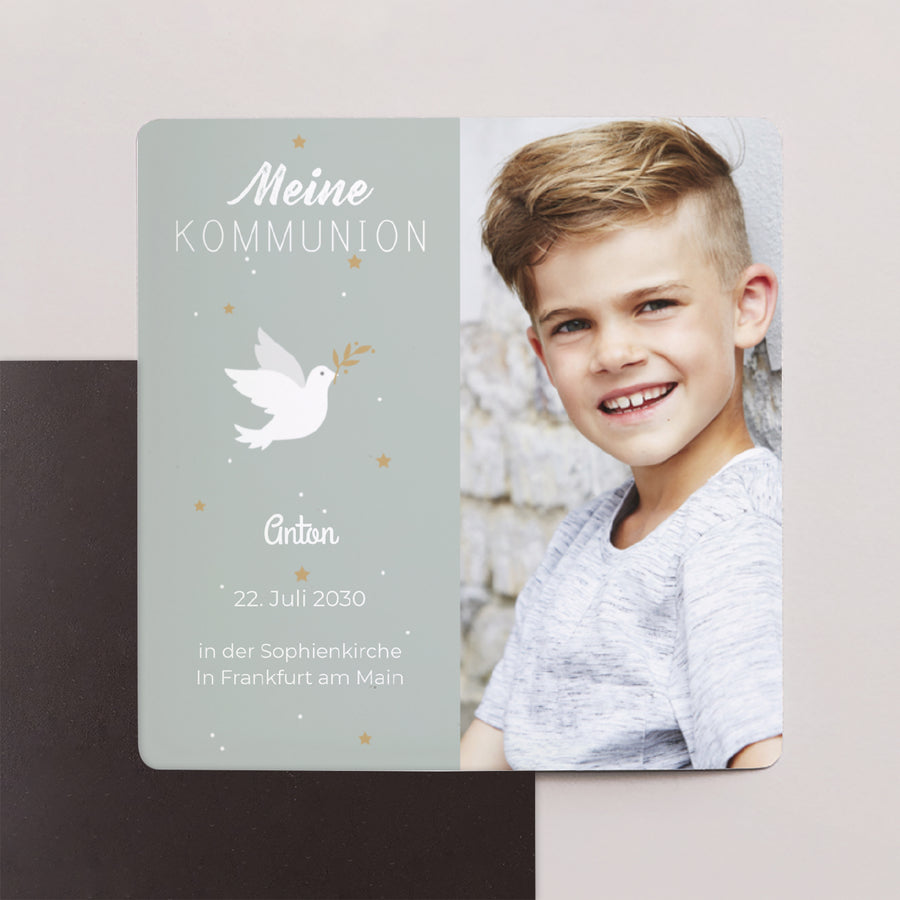 Einladungskarte Kommunion Satz von 9, magnetisch. Gesandter des Friedens foto